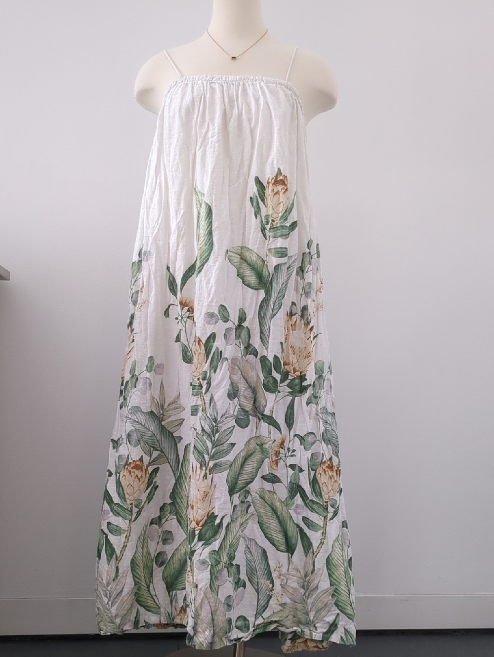 H&M White Maxi Sundress with Botanical Green Print, Linen Blend